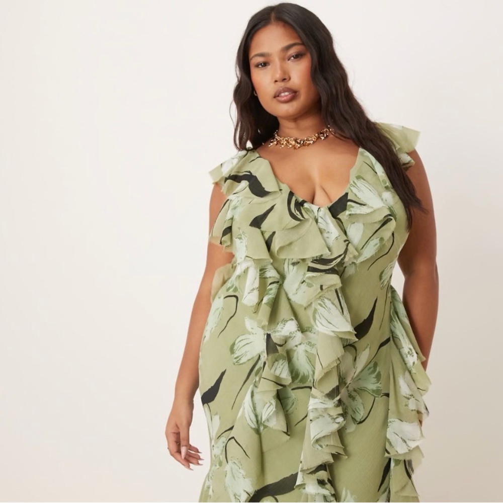 ASOS DESIGN Curve ruffle bias cut maxi dress with open back green floral 18